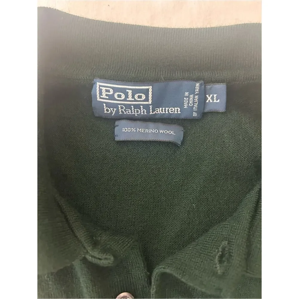 Polo Ralph Lauren Mens XL Dark Green 100% Merino Wool Long Sleeve Polo Sweater